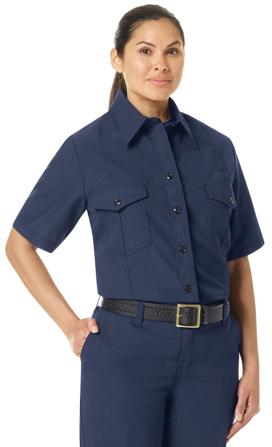 Workrite FR Women's Firefighter Shirt FSF3, Classic Short Sleeve Navy Example Right
