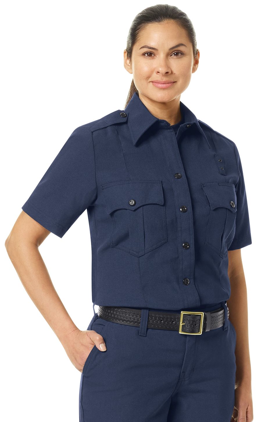 Workrite FR Women's Fire Officer Shirt FSE3, Classic Short Sleeve Navy Example Right