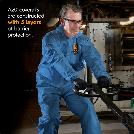 Kimberly Clark Kleenguard Coverall A20 Breathable - Blue Elastic Back Wrists Ankles and Hood Example Front