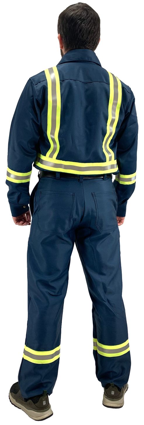 Chicago Protective Apparel Fire Resistant Vinex Pants 606-FR9B with Reflective Stripe Pattern RA1 Shirt 625-FR9B-RH1 Back View