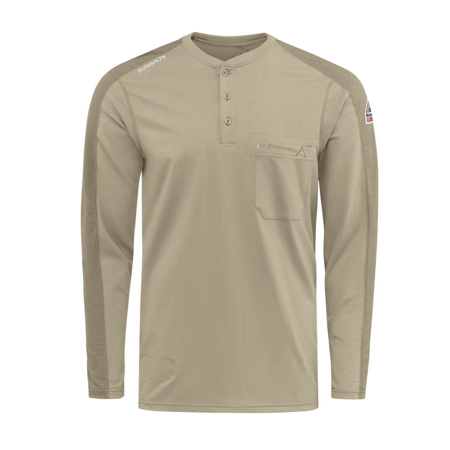 Bulwark-fr-stl2-mens-flex-knit-henley-khaki-front