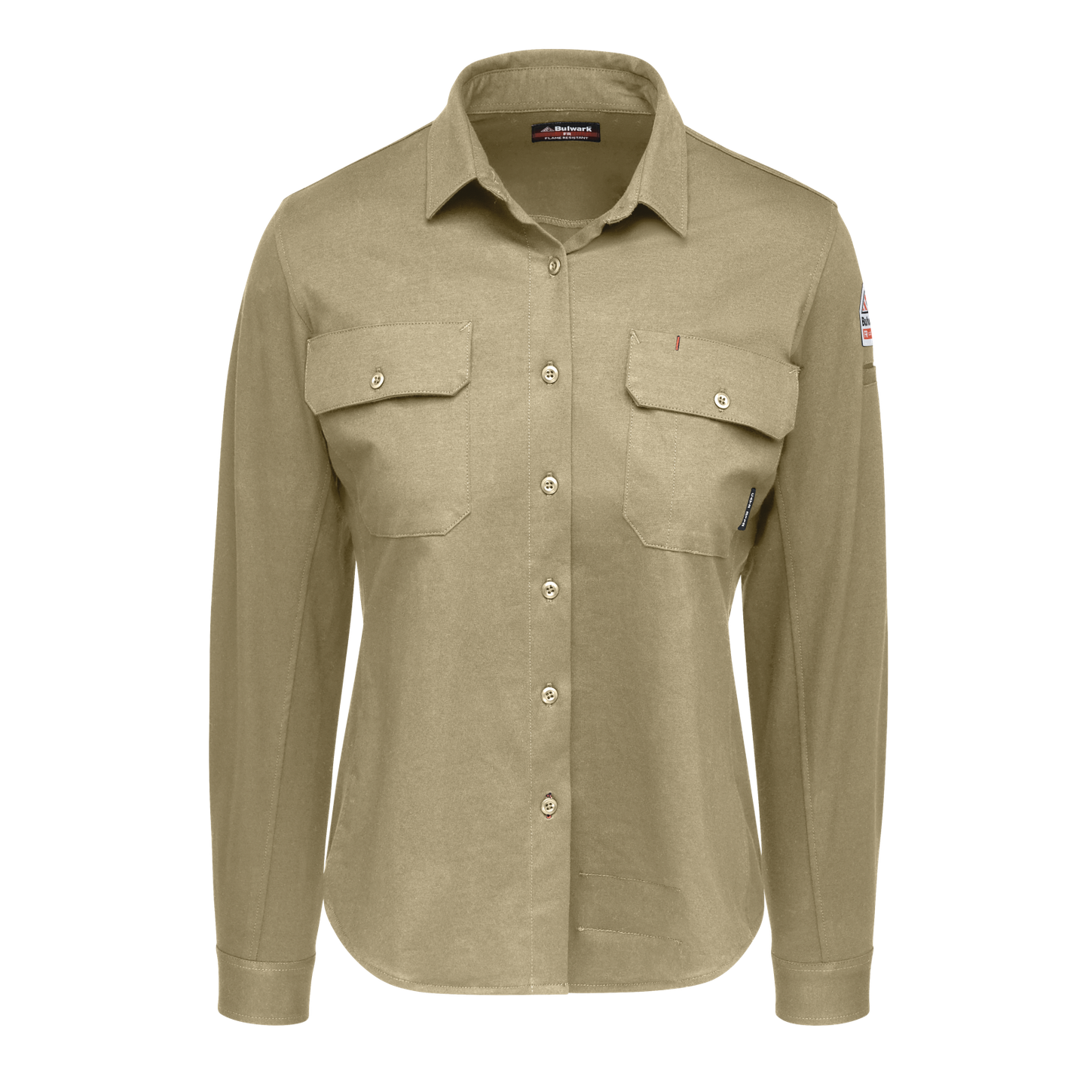 Bulwark-stg5-womens-flex-knit-button-down-khaki-front