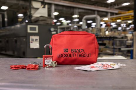 Brady 153668 lockout tagout kit on table in shop