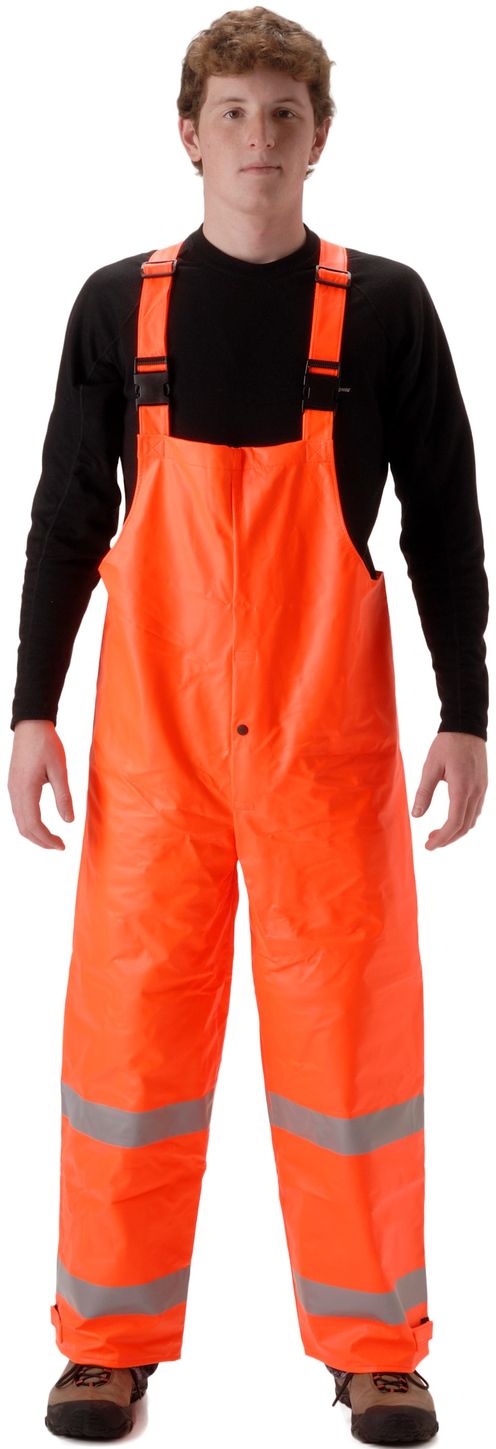 Nasco Sentinel 4501T Arc & Flash Fire Bib-Style Rain Trouser Fluorescent Orange Front Example