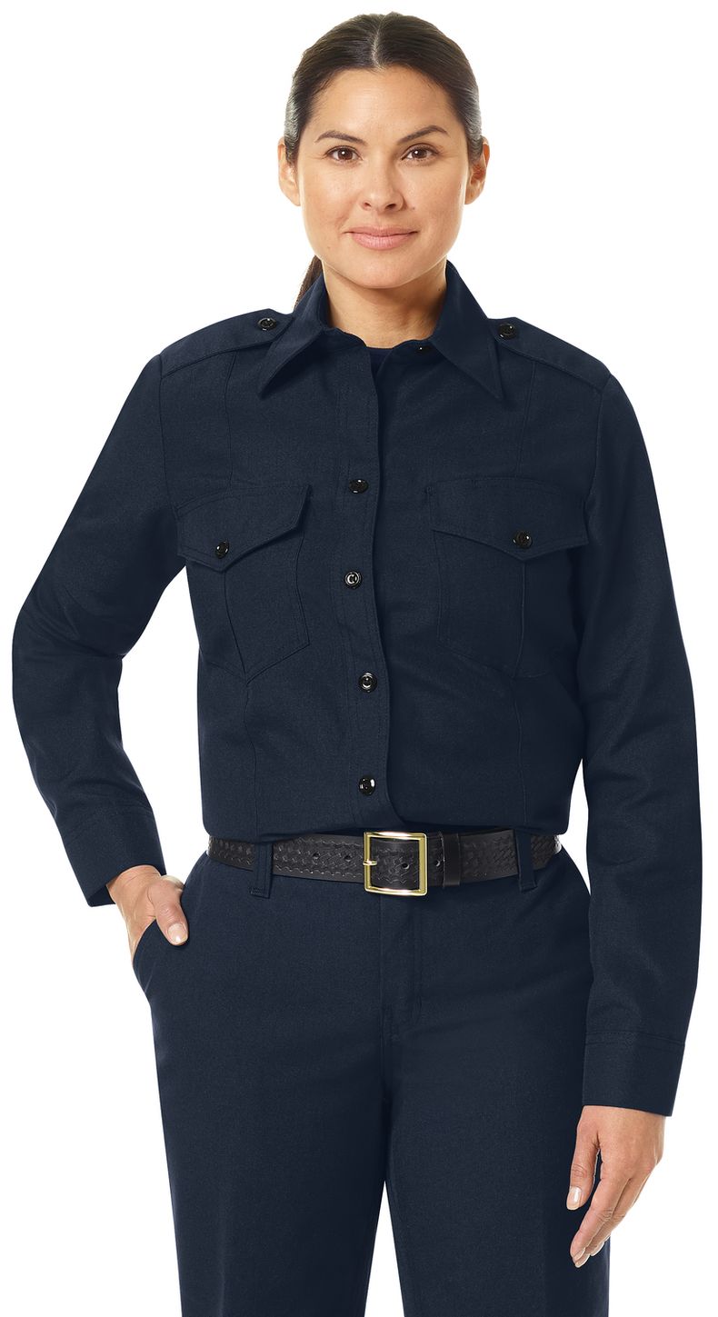 Workrite FR Women's Fire Chief Shirt FSC5, Classic Long Sleeve Midnight Navy Example Front