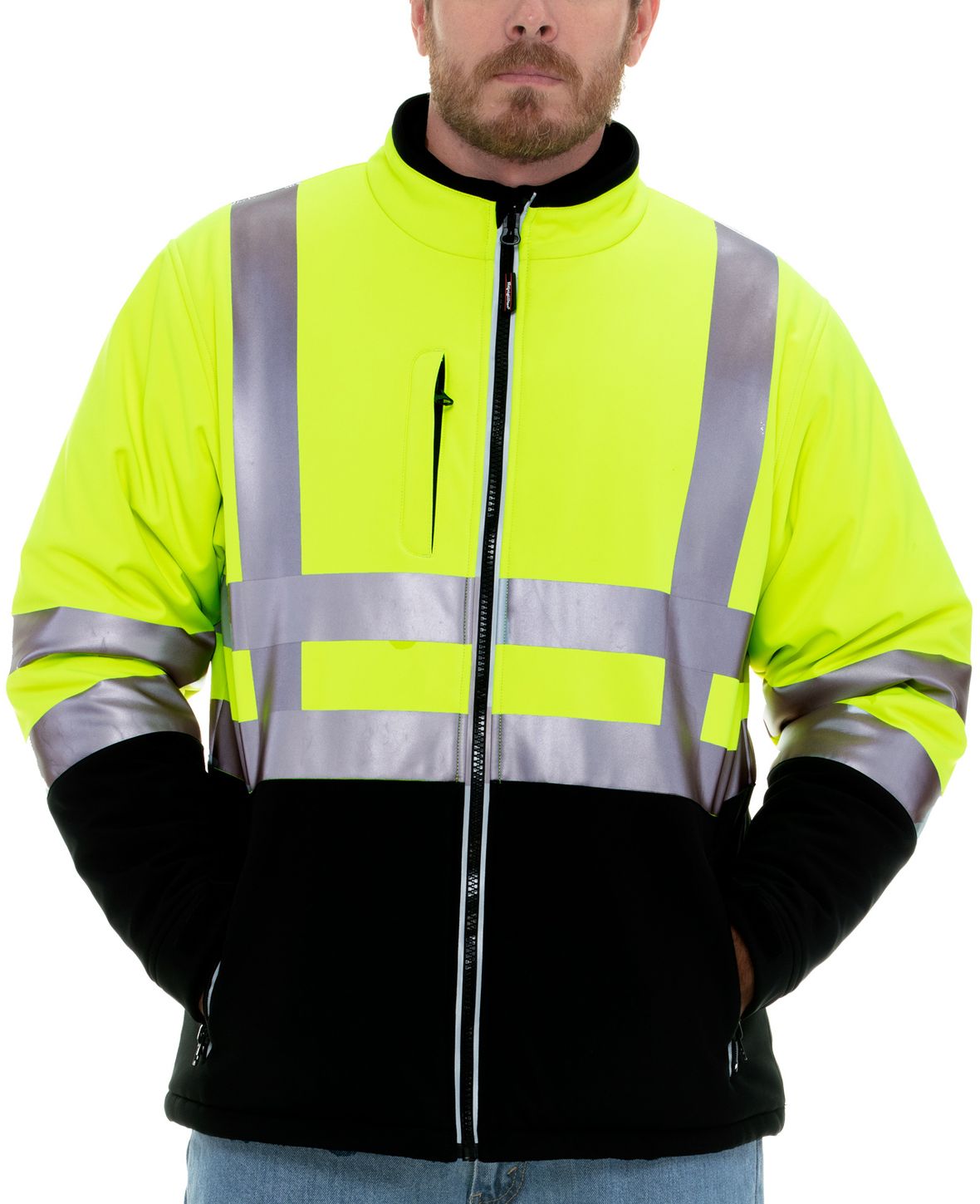 RefrigiWear 0496 Softshell HiVis Winter Work Jacket HiVis Lime Yellow With Reflective Tape Example