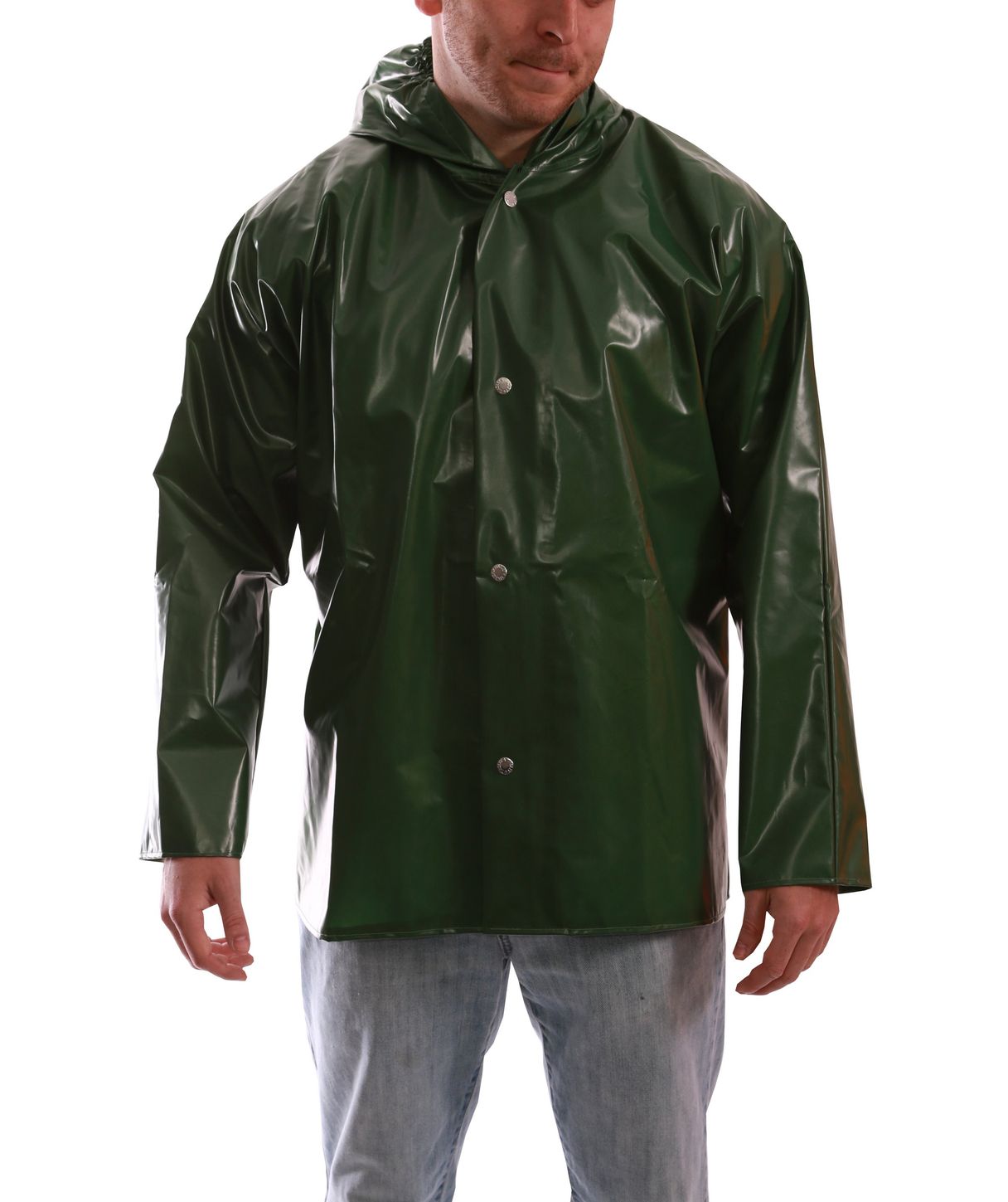 Tingley J22168 Iron Eagle® Chemical Resistant Jacket - Polyurethane Coated, with Attached Hood Green Front