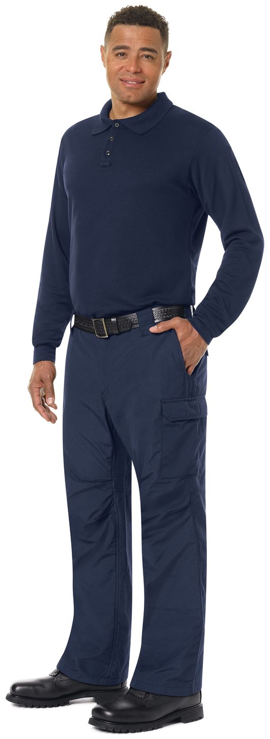 Workrite FR Polo Shirt FT20 Long Sleeve Fire Station Wear Navy Example Left