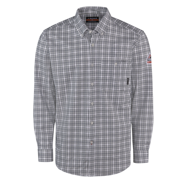 BulwarkFR-STG2-KNIT-BUTTON-DOWN-SHIRT-CHARCOAL-PLAID-FRONT