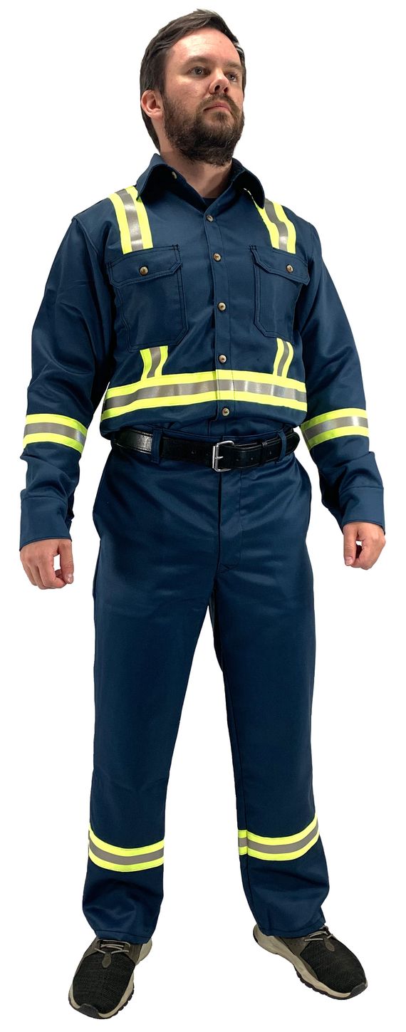 Chicago Protective Apparel Fire Resistant Vinex Pants 606-FR9B with Reflective Stripe Pattern RA1 Shirt 625-FR9B-RH1 Front View