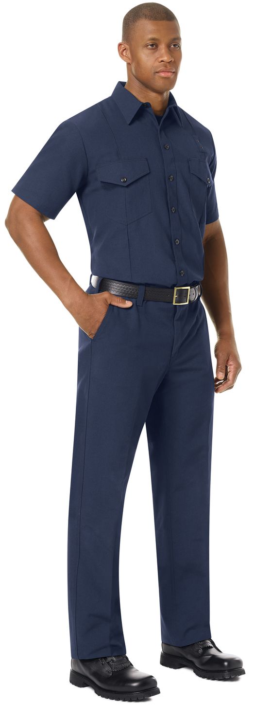 Workrite FR Firefighter Shirt FSF6, Classic Short Sleeve, Western Navy Example Right