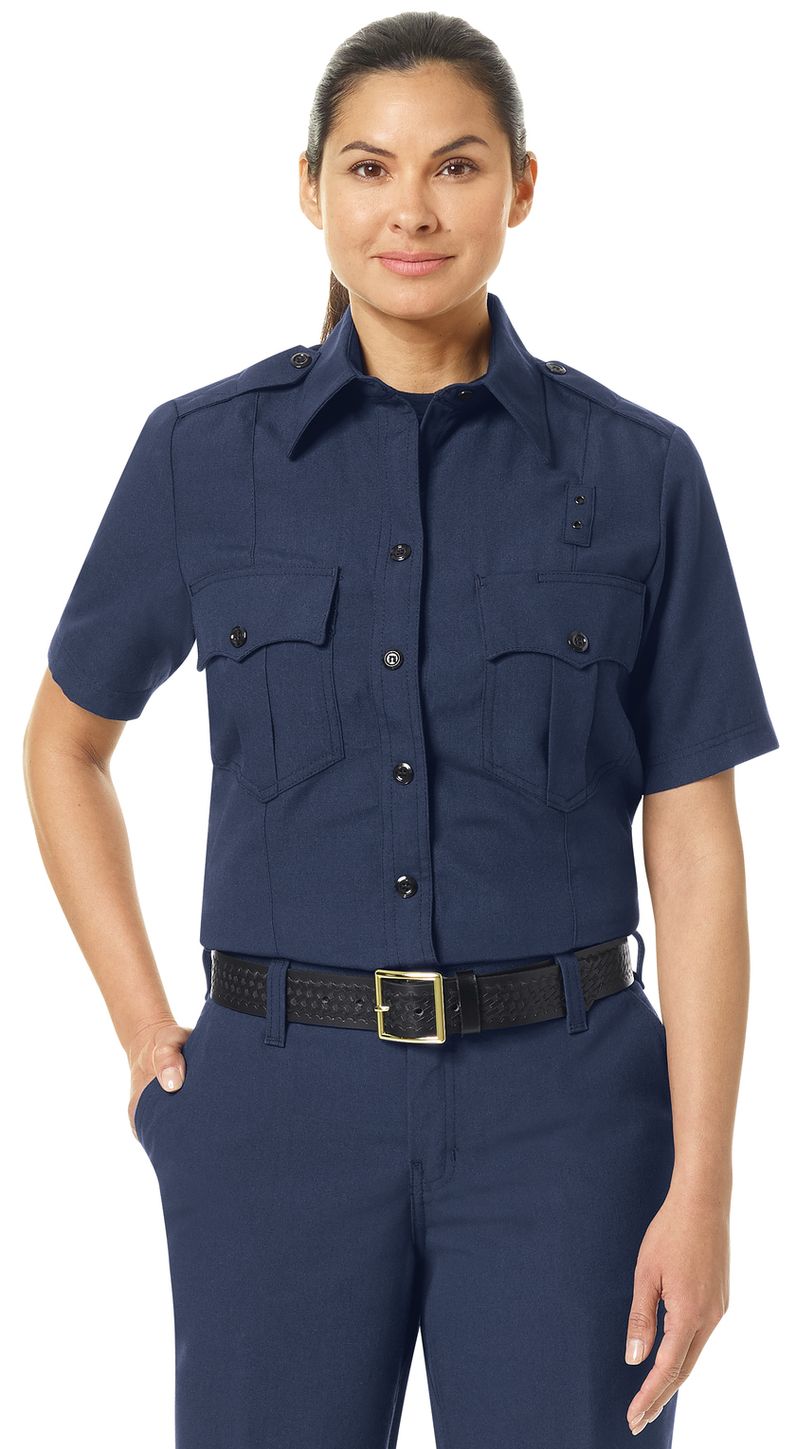 Workrite FR Women's Fire Officer Shirt FSE3, Classic Short Sleeve Navy Example Front