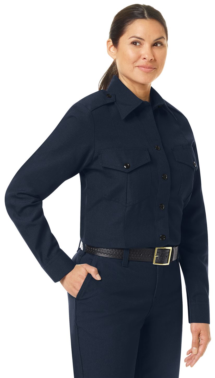 Workrite FR Women's Fire Chief Shirt FSC5, Classic Long Sleeve Midnight Navy Example Right